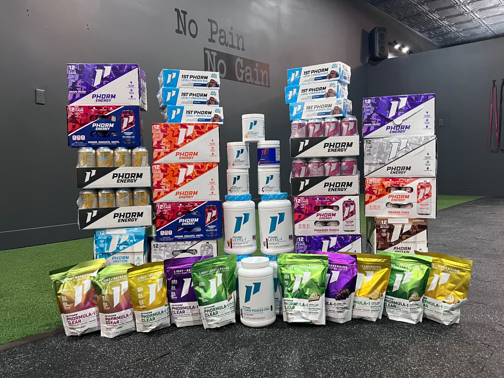 Full 1st Phorm supplement and Phorm Energy inventory on the turf